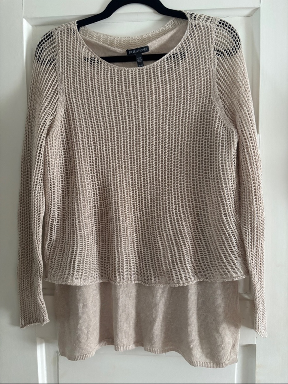 Eileen Fisher Cream Open-Knit Layered Sweater 100% Organic Linen